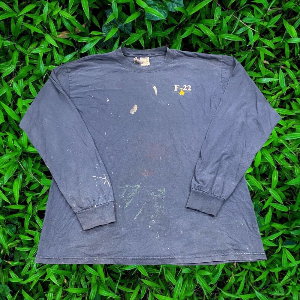 90s 22 Raptor Fighter Jet Paint Blasted AOP Y2K Navy Long Sleeve Graphic Tee XL